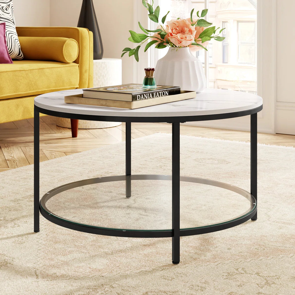 (White top) Round Faux Marble Coffee Table with Glass Shelf