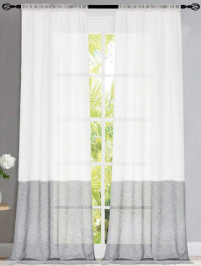 Sheer Linen Rustic Curtain Panels Pair w/Color Block & Rod Pocket (Set of 2)
